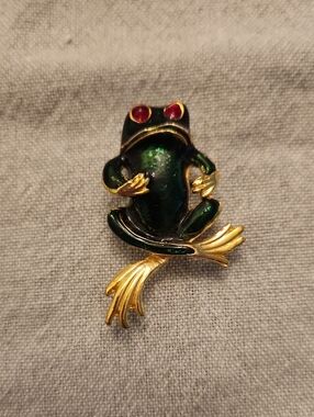 Gold Accented Green Enamel Frog Brooch with Red Eyes